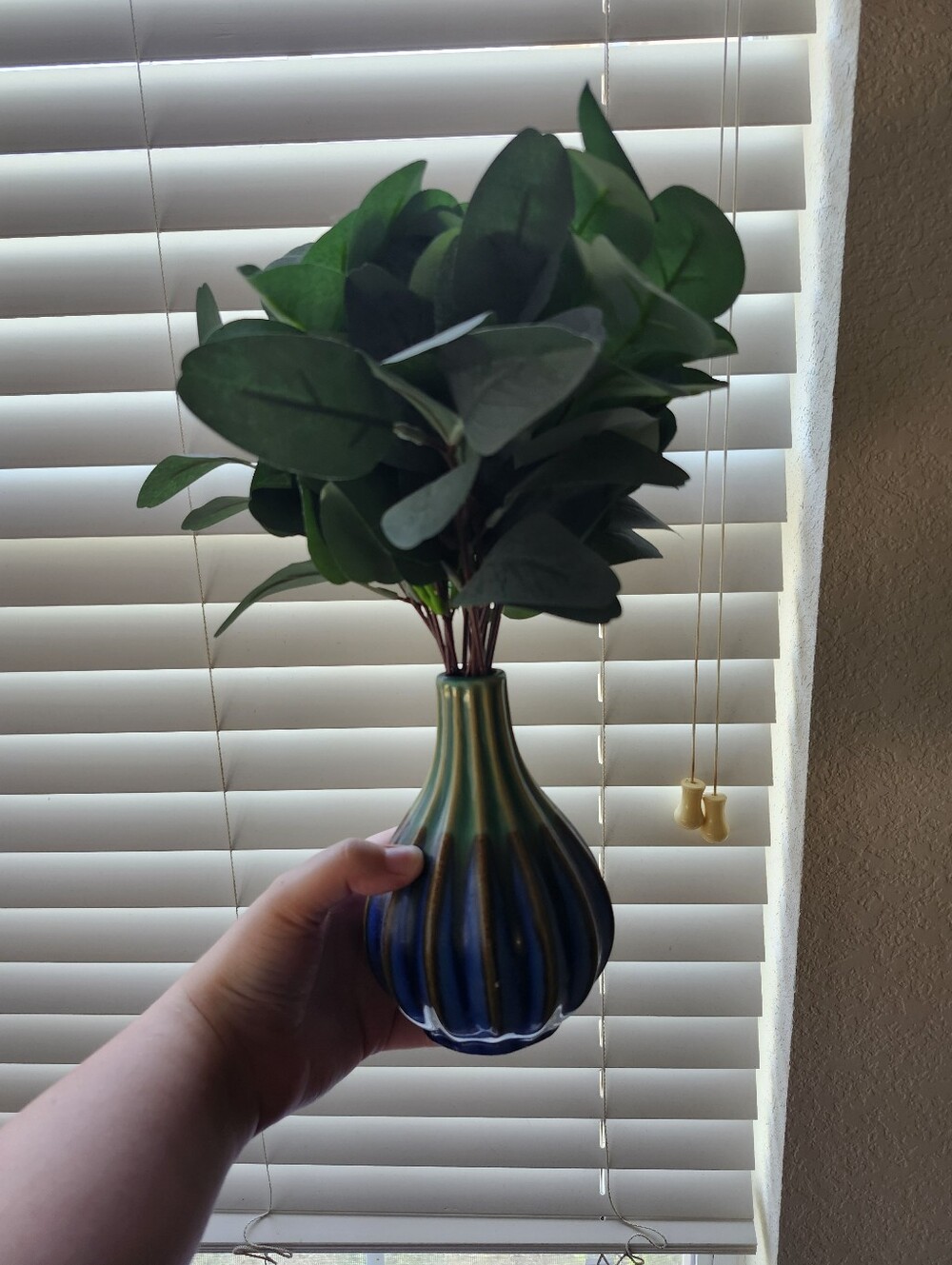 Green Eucalyptus Stem in Blue-Green Ceramic Vase - Home Accents